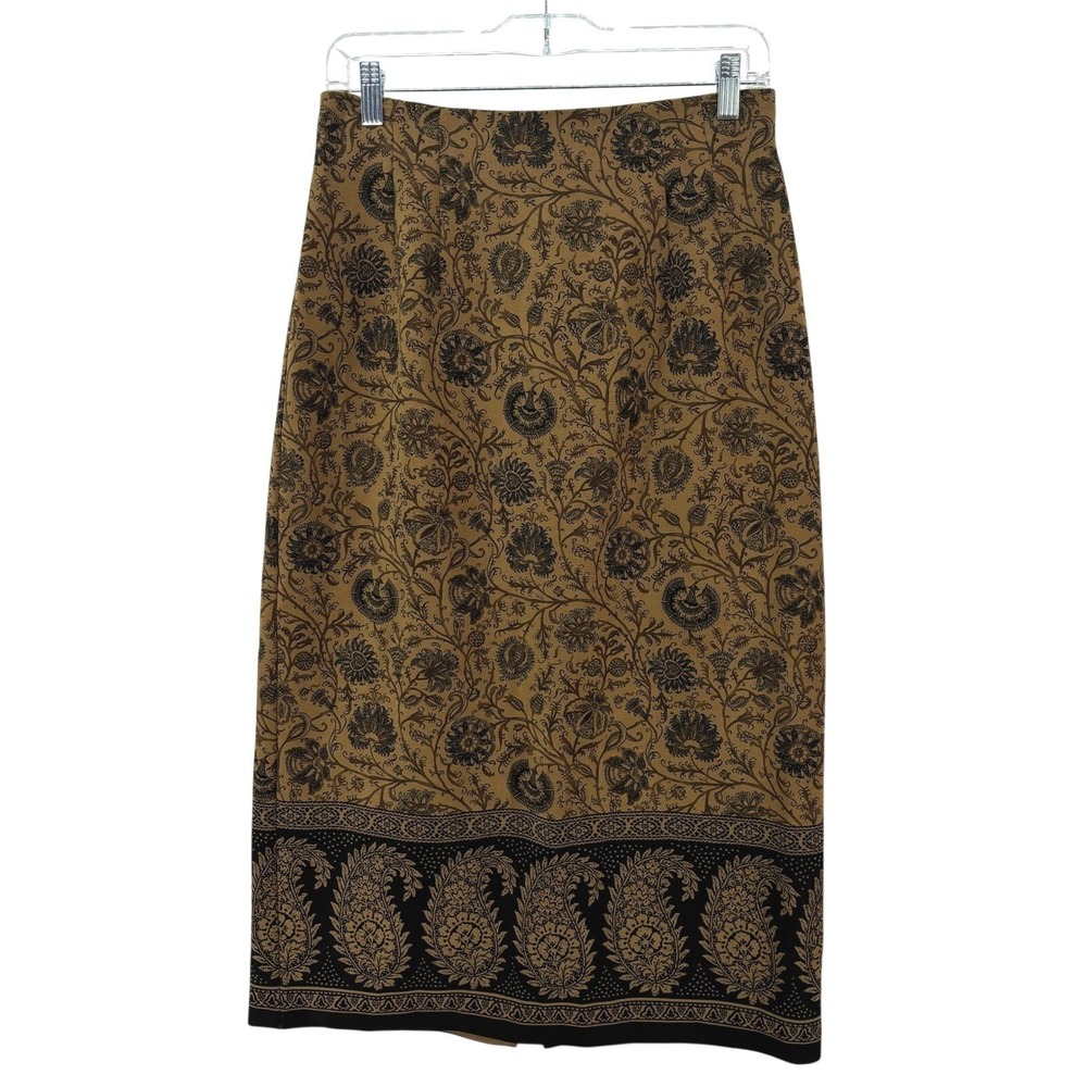 BRIGGS Petite Brown Floral Paisley Midi Skirt Indie Boho Retro Women's Size 10P